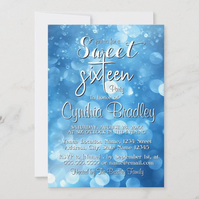 Elegant Blue 16 . Geburtstag Geburtstagsparty Einladung (Vorderseite)