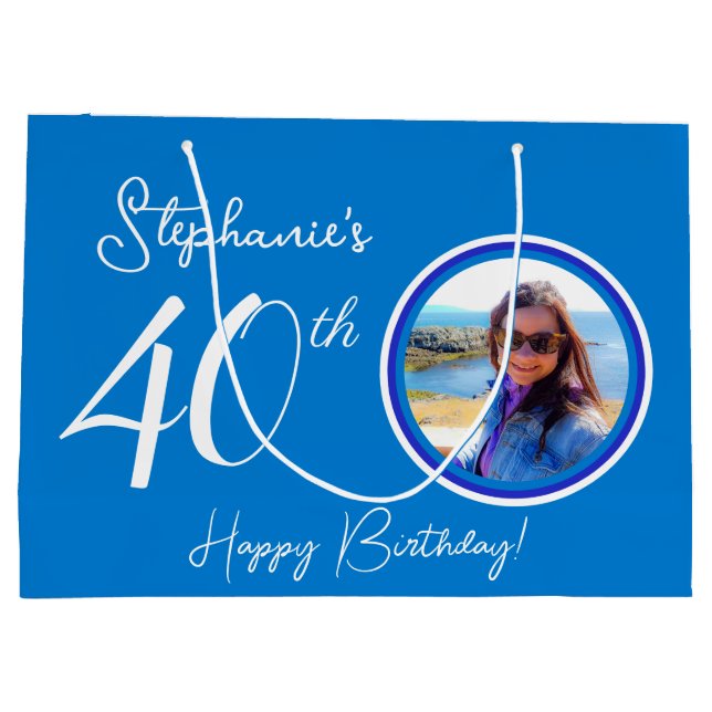 Elegant Blue 40. Geburtstag Foto Große Geschenktüte (Rückseite)