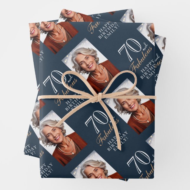 Elegant Blue 70 and Fabulous 70th Birthday Photo Geschenkpapier Set (Beispiel)