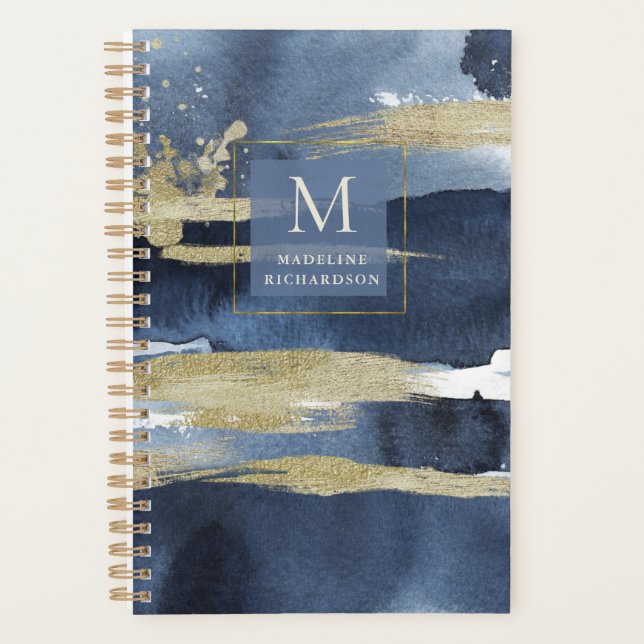 Elegant Blue | Abstraktes Gold mit Monogramm Planer (Vorderseite)