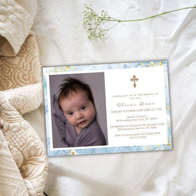 Elegant Blue Agate Foto Gold Cross Boy Taufe Einladung (Elegant Blue Agate Photo Gold Cross Boy Baptism Invitation)