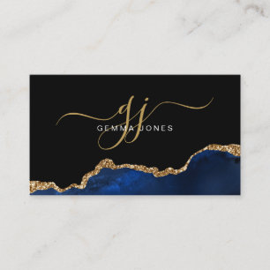 Elegant Blue Agate Gold Glitzer Script Monogram Visitenkarte