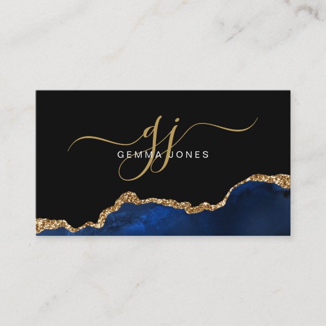 Elegant Blue Agate Gold Glitzer Script Monogram Visitenkarte (Vorderseite)