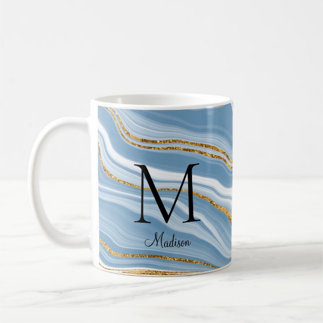 Elegant Blue Agate Monogram Name Kaffeetasse (Links)