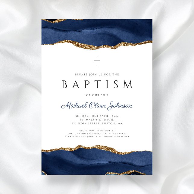 Elegant Blue Agate Religious Baby Baptisse Einladung (Elegant Blue Agate Religious Baby Baptism Invitation)