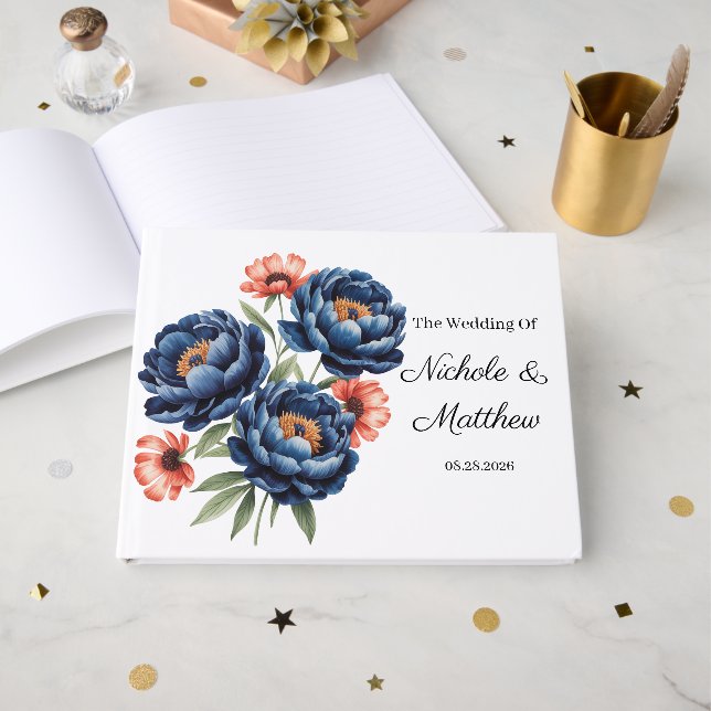 Elegant Blue and Burnt Orange Floral Wedding  Gästebuch (Vorderseite Offen)