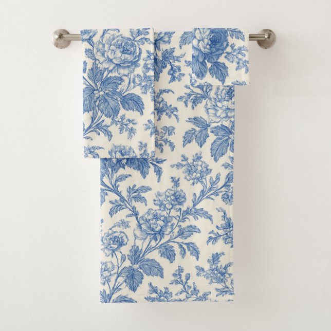 Elegant Blue and Cream Floral Toile de Jouy Badhandtuch Set (Insitu)