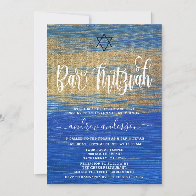 Elegant Blue and Gold Bar Mitzvah Einladung (Vorderseite)