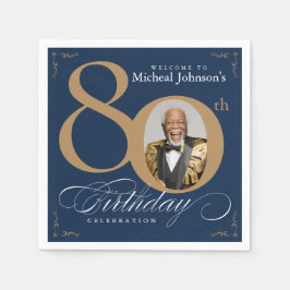 Elegant Blue and Gold Custom Photo 80th Birthday Serviette