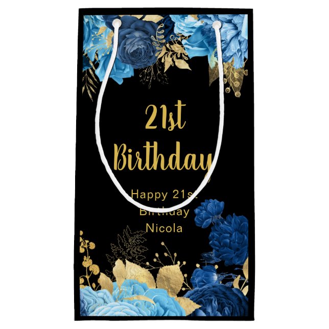 Elegant Blue and Gold Flowers Birthday Party Kleine Geschenktüte (Vorderseite)