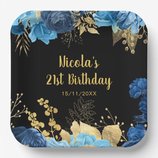 Elegant Blue and Gold Flowers Birthday Party  Pappteller (Vorderseite)
