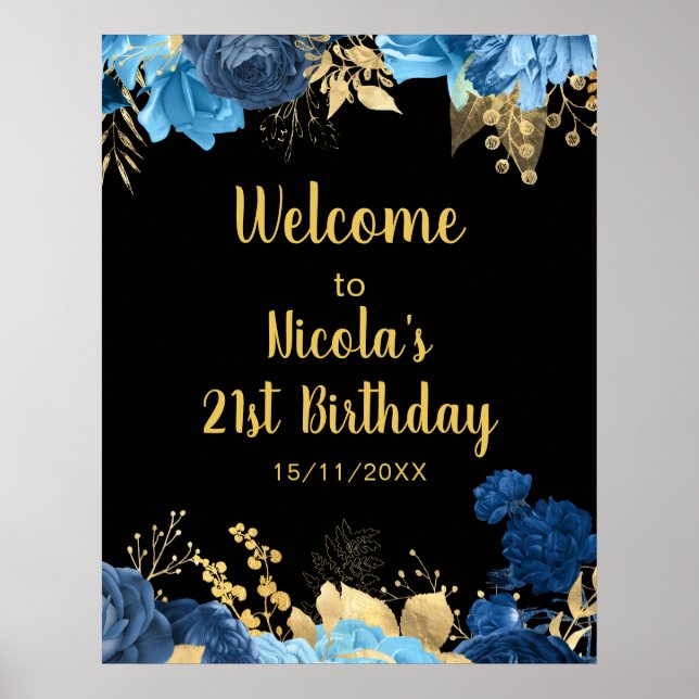 Elegant Blue and Gold Flowers Birthday Party Poster (Vorne)