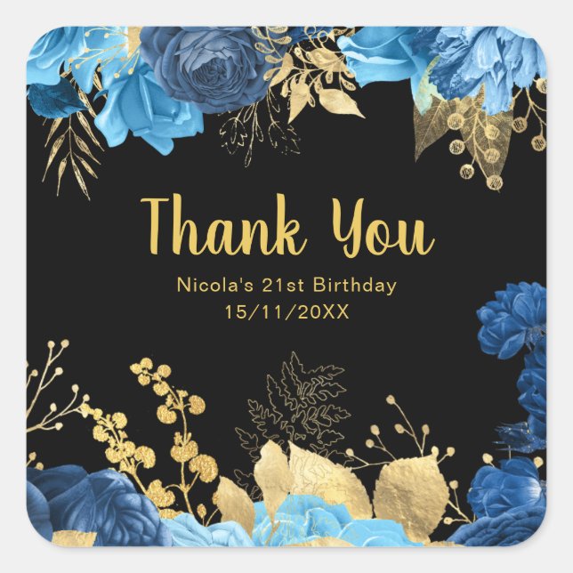 Elegant Blue and Gold Flowers Birthday Party  Quadratischer Aufkleber (Vorderseite)