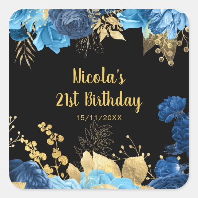 Elegant Blue and Gold Flowers Birthday Party  Quadratischer Aufkleber (Vorderseite)