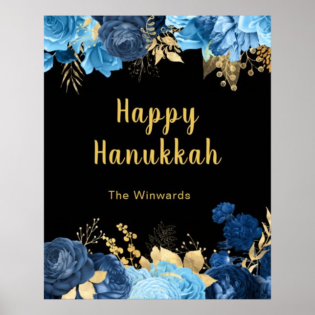 Elegant Blue and Gold Flowers Hanukkah Party Poster (Vorne)