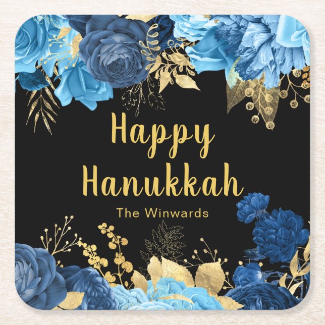 Elegant Blue and Gold Flowers Hanukkah Party Rechteckiger Pappuntersetzer (Vorderseite)