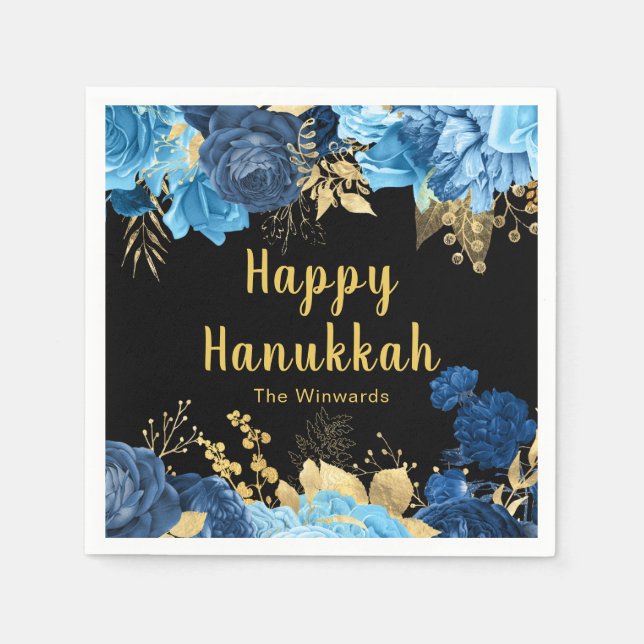 Elegant Blue and Gold Flowers Hanukkah Party Serviette (Vorderseite)
