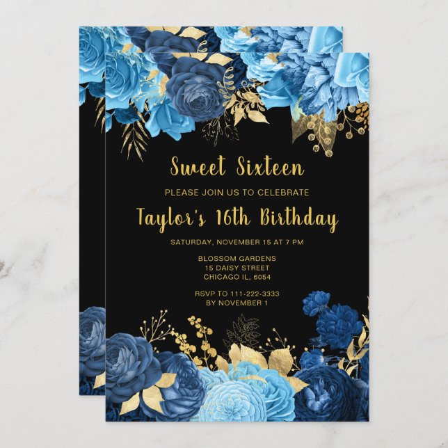 Elegant Blue and Gold Flowers Sweet Sixteen Einladung