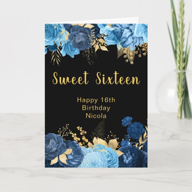 Elegant Blue and Gold Flowers Sweet Sixteen Karte (Vorderseite)