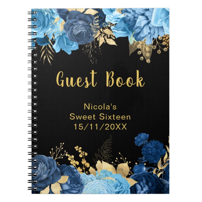 Elegant Blue and Gold Flowers Sweet Sixteen Notizblock (Vorderseite)
