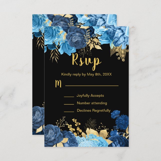 Elegant Blue and Gold Flowers Sweet Sixteen RSVP Karte (Vorne/Hinten)