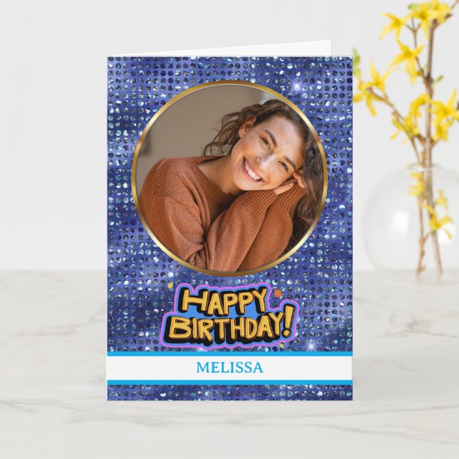 Elegant Blue and Gold Glitter Photo Name Birthday Karte (Gelbe Blume)