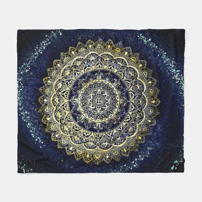 Elegant Blue and Gold Mandala Art Boho Beach Fleecedecke (Vorderseite (Horizontal))