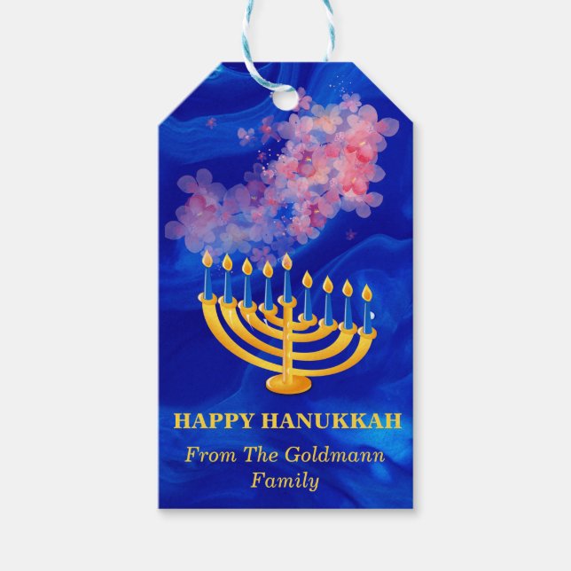 Elegant Blue and Gold Menorah Happy Hanukkah Geschenkanhänger (Vorderseite)