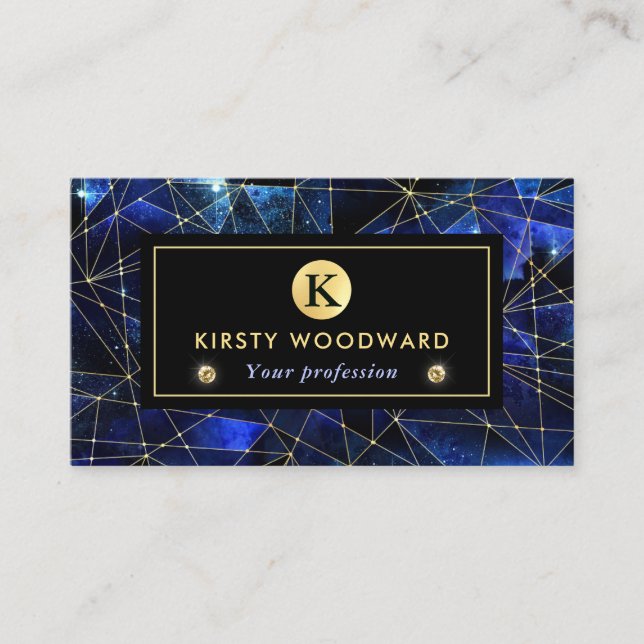 Elegant Blue and Gold Midnight Crystal Galaxy Visitenkarte (Vorderseite)