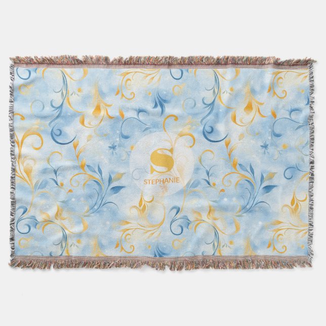 Elegant Blue and Gold Paisley Inspiriert Leaf Decke (Vorderseite)