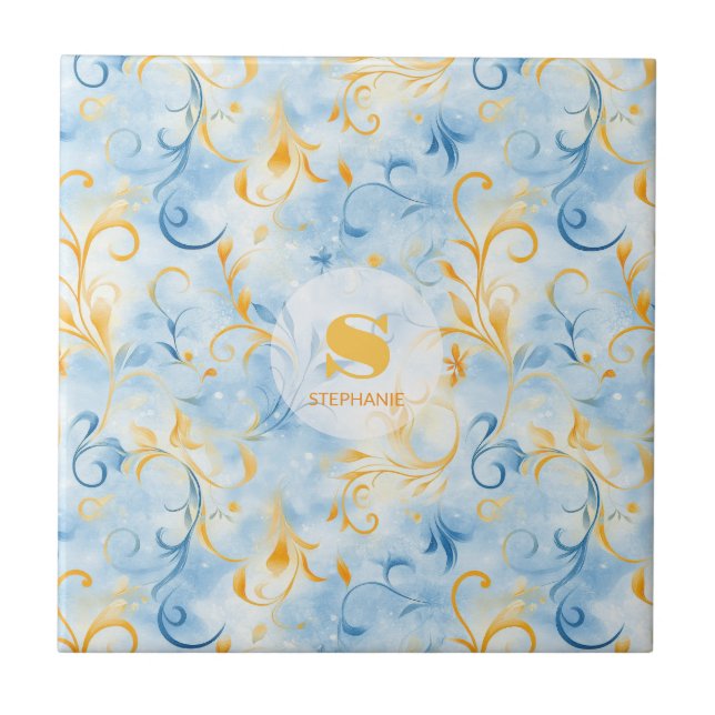 Elegant Blue and Gold Paisley Inspiriert Leaf Fliese (Vorderseite)