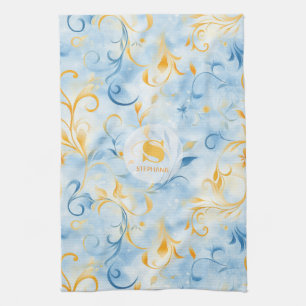 Elegant Blue and Gold Paisley Inspiriert Leaf Geschirrtuch