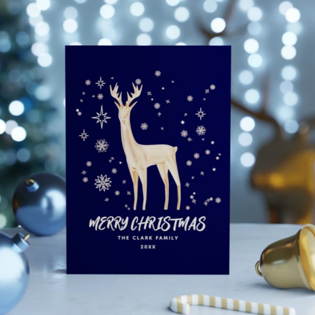 Elegant Blue and Gold Rentier Frohe Weihnachten (Elegant Blue and Gold Reindeer Merry Christmas Holiday Card)
