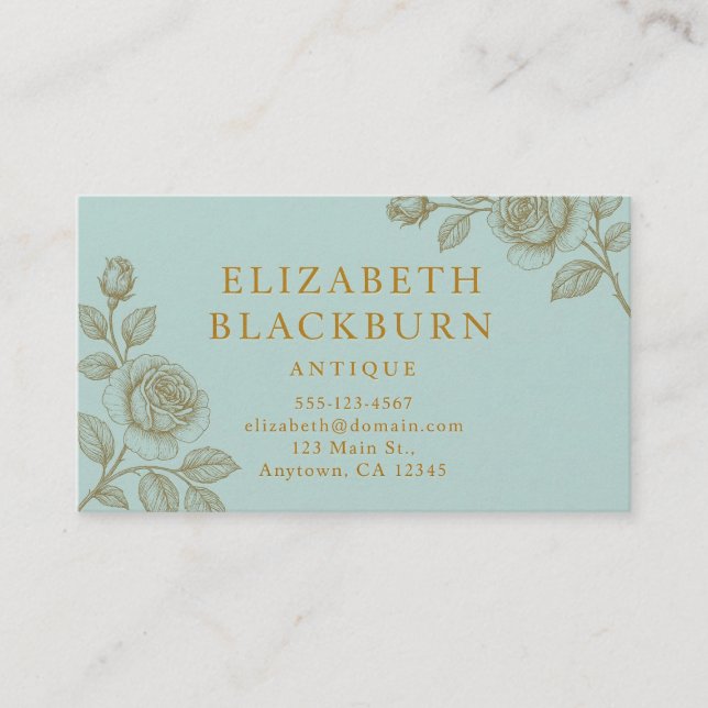 Elegant Blue and Gold Rose Business Card Visitenkarte (Vorderseite)