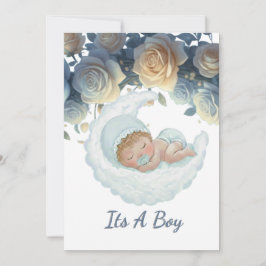 Elegant blue and gold roses baby boy shower einladung