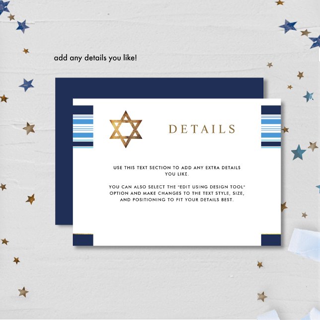 Elegant Blue and Gold Tallit Bar Mitzvah Details Begleitkarte (Von Creator hochgeladen)