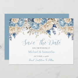 Elegant Blue and Ivory Rose Wedding Save The Date