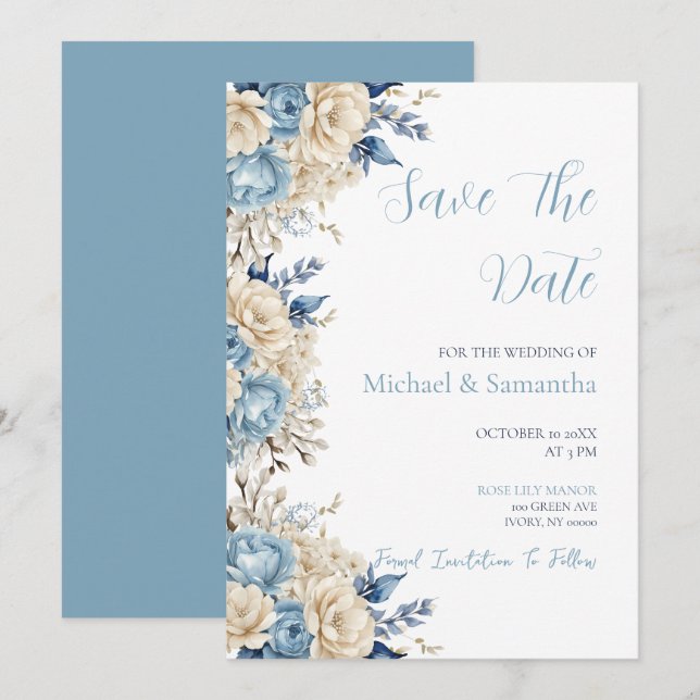Elegant Blue and Ivory Rose Wedding Save The Date (Vorne/Hinten)