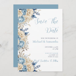 Elegant Blue and Ivory Rose Wedding Save The Date