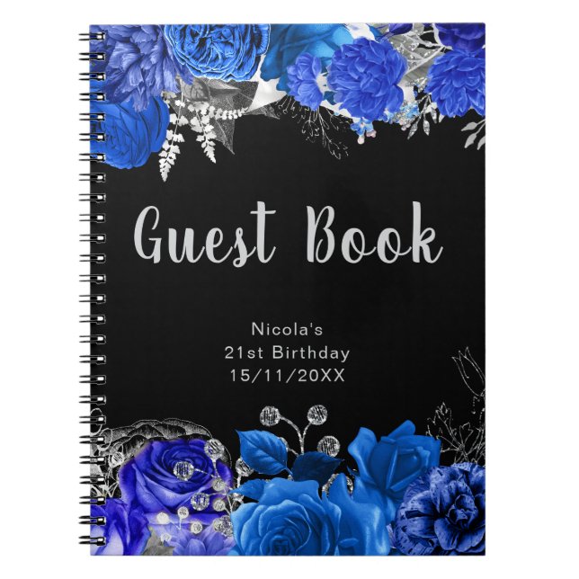 Elegant Blue and Silver Flower Birthday Guest Book Notizblock (Vorderseite)