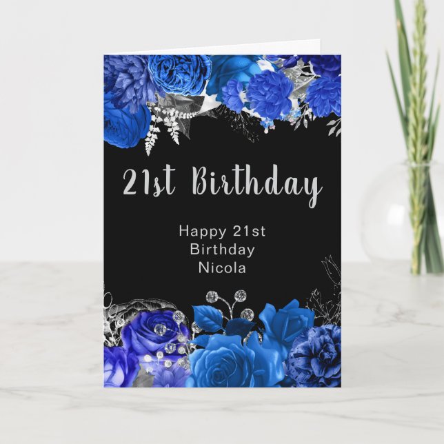 Elegant Blue and Silver Flowers Birthday Party Karte (Vorderseite)