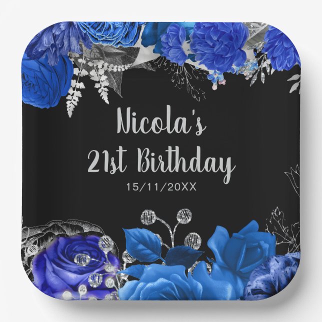 Elegant Blue and Silver Flowers Birthday Party Pappteller (Vorderseite)