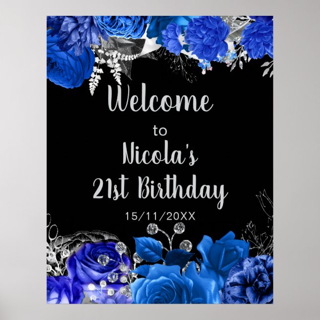 Elegant Blue and Silver Flowers Birthday Party Poster (Vorne)