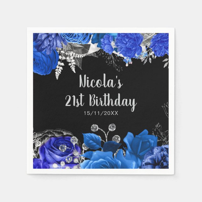 Elegant Blue and Silver Flowers Birthday Party Serviette (Vorderseite)