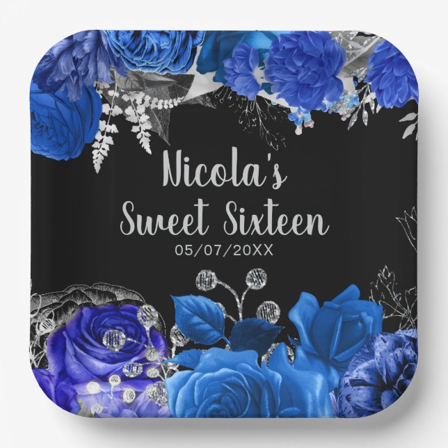 Elegant Blue and Silver Flowers Sweet Sixteen Pappteller (Vorderseite)
