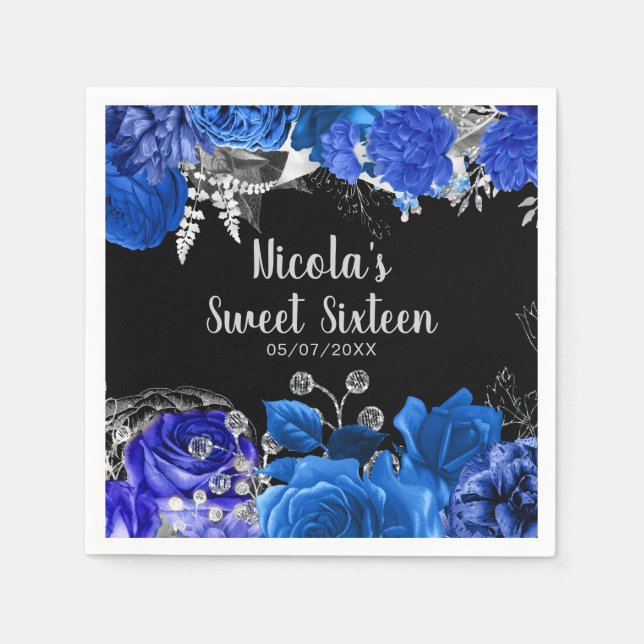 Elegant Blue and Silver Flowers Sweet Sixteen Serviette (Vorderseite)