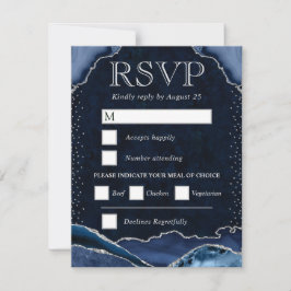 Elegant Blue and Silver Glitzer Agate Wedding RSVP Karte