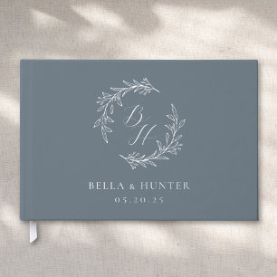 Elegant Blue and Silver Monogram Wreath Wedding Gästebuch