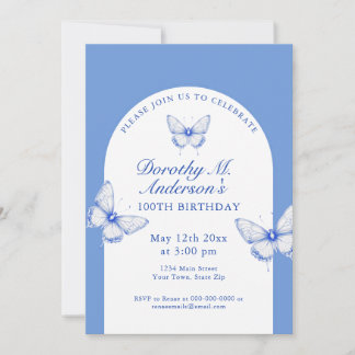 Elegant Blue and White 100. Geburtstagsparty Einladung