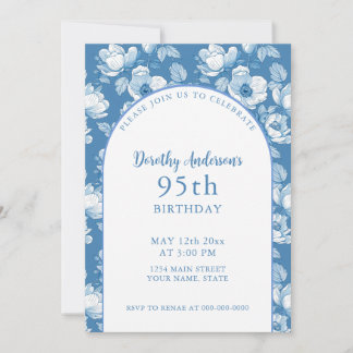 Elegant Blue and White 95. Geburtstagsparty Einladung